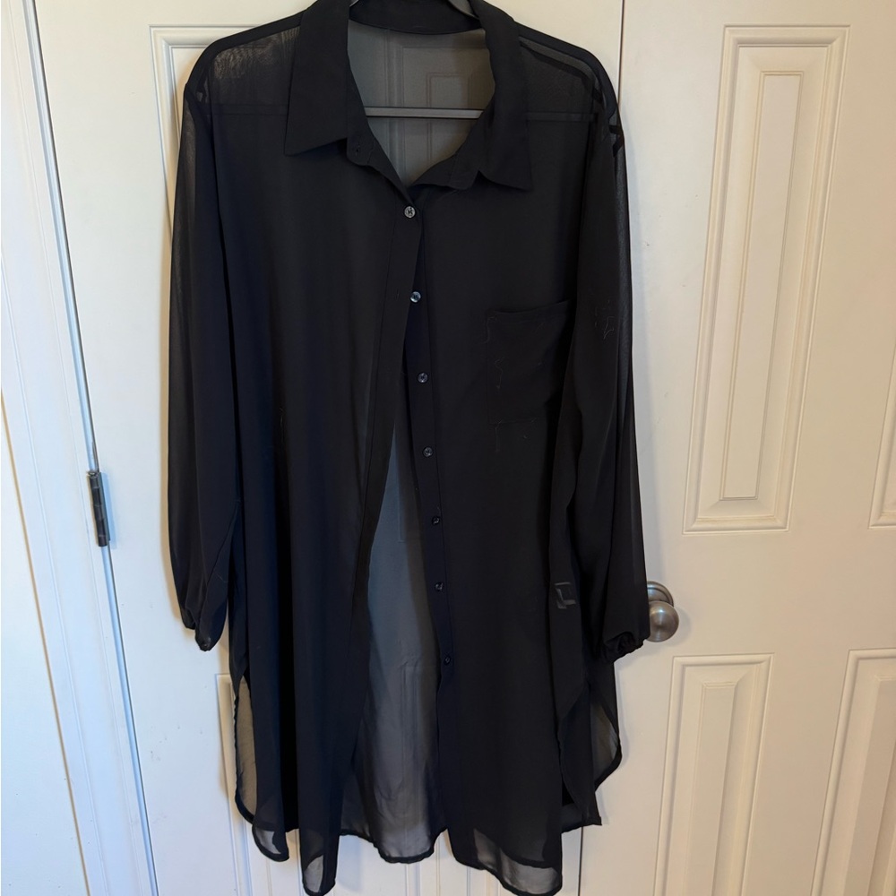Boutique Sheer Black Button-Up Tunic Top/Dress 2X